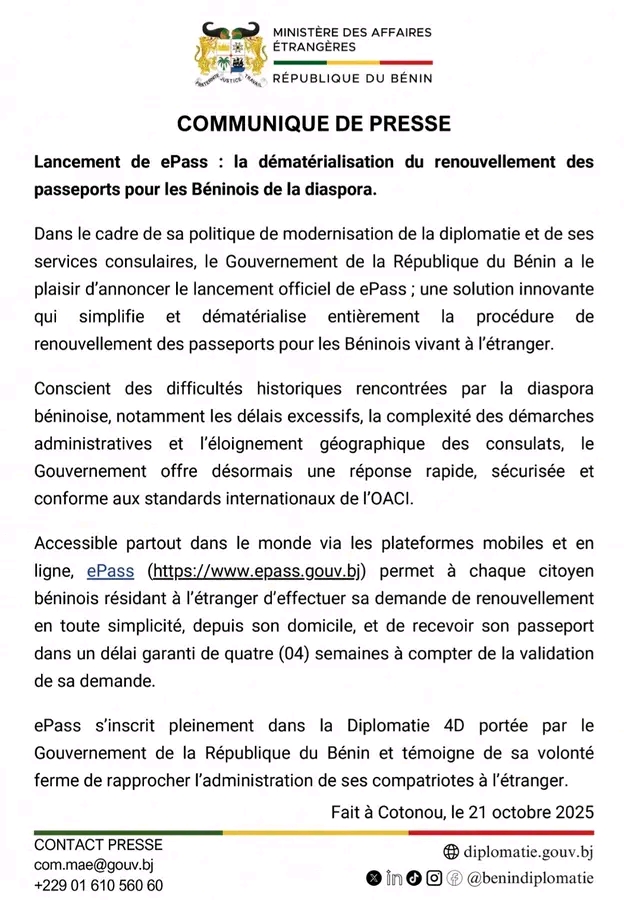 ePass : le Bénin digitalise le renouvellement des passeports pour sa diaspora 1000941904
