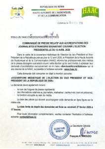 Présidentielle 2026 au Bénin : La HAAC ouvre les accréditations pour les journalistes étrangers Communiqué N°003-26/HAAC du 04 février 2026 relatif aux accréditations des journalistes étrangers souhaitant couvrir l